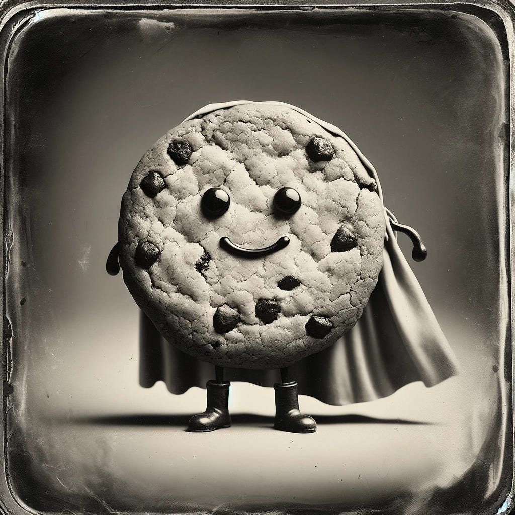 An AI-generated daguerrotype of a cookie superhero.
