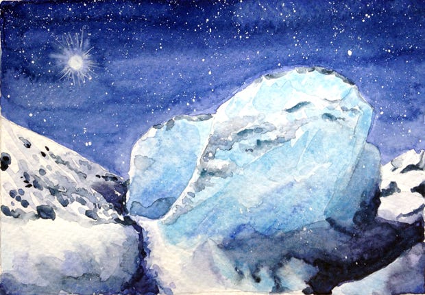 A watercolor after a photograph by George Balog of a glacier under a starry night sky