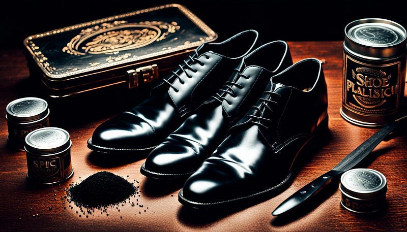 Black leather shoes with tin of shoe polish