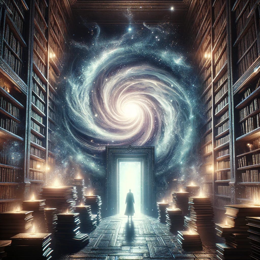 Imagine a mystical portal opening in an ancient library filled with tomes of forgotten knowledge. In the center of the room, a swirling vortex of shimmering light and celestial energy beckons, surrounded by shelves laden with books that glow with an otherworldly aura. Ghostly silhouettes of wise beings emerge from the pages, offering guidance to a figure standing before the portal, contemplating the step into the unknown. The air is thick with the scent of aged parchment and the whisper of turning pages fills the space, as if the books themselves are speaking. The scene is serene yet charged with anticipation, the gateway to the Soul World promising enlightenment and wonders beyond mortal comprehension.