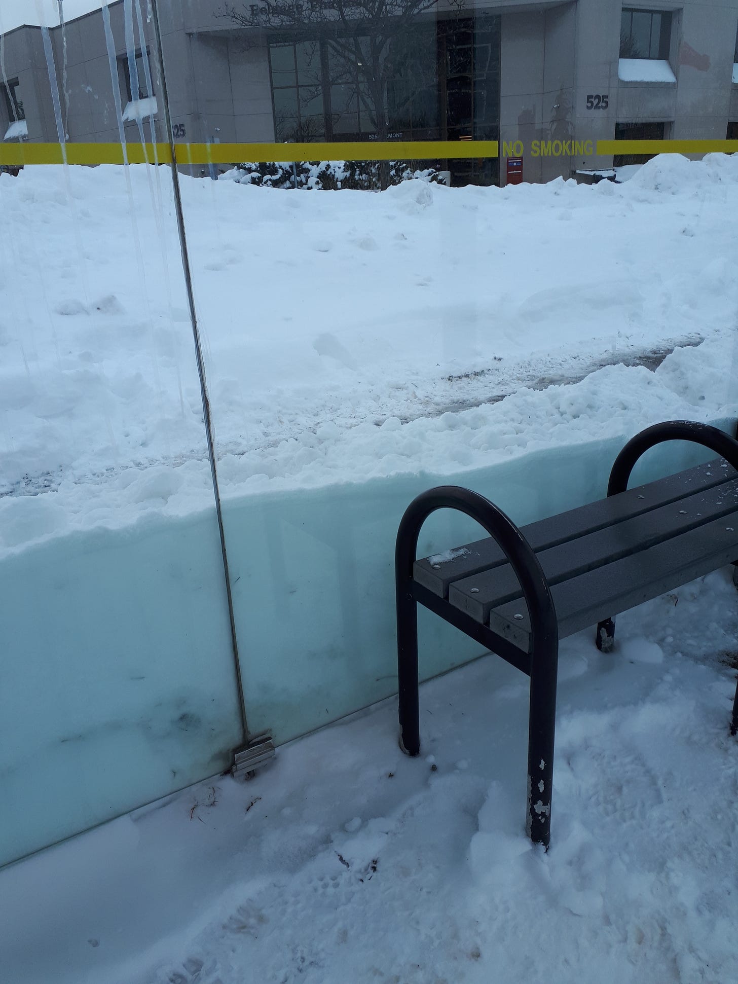 Snow piled up against a bus shelter