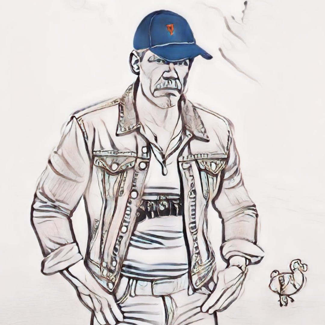 A man who looks like Josh Brolin in a mets cap and Canadian Tuxedo. To his side is a dodo.