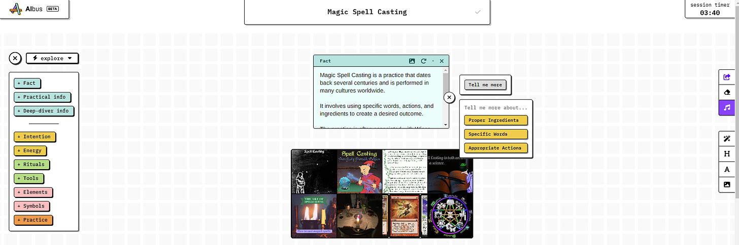 Screenshot from Albus with diagrams for Magic Spell Casting