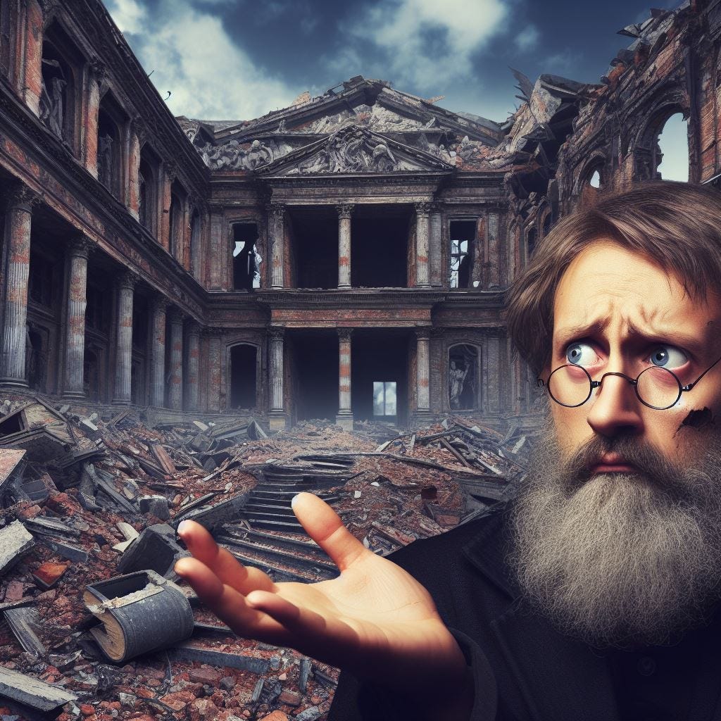 Philosopher confused in the foreground with an image of a crumbling university in the background.