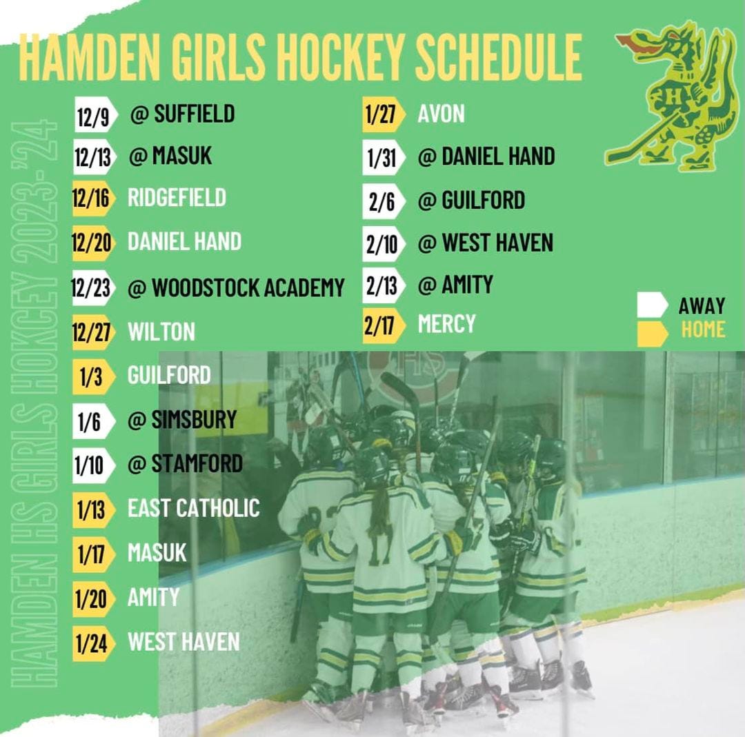 May be an image of 1 person, playing hockey and text that says '1/31 2/6 @ DANIEL HAND @ GUILFORD 2/10 @ WEST HAVEN 2/13 @ AMITY 2/17 MERCY HAMDEN GIRLS HOCKEY SCHEDULE 12/9 @ SUFFIELD 1/27 AVON 122 12/13 MASUK 12/16 RIDGEFIELD 12/20 DANIEL HAND AJONOM 1/3 GUILFORD 12/23 @ WOODSTOCKACADEM 12/27 WILTON STYIS 1/6 1/10 望 1/13 EAST CATHOLIC 1/17 MASUK E 1/24 WEST HAVEN 1/20 AMITY AWAY HOME IMSBURY'