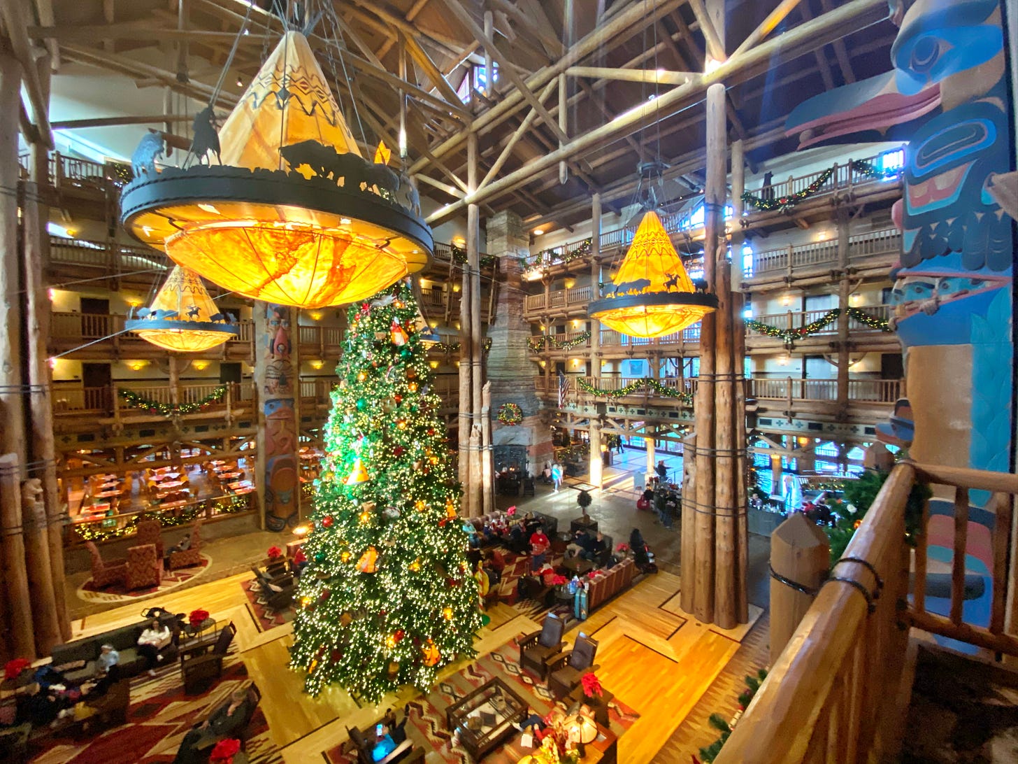 Lobby of Disney World Wilderness Lodge with Christmas tree
