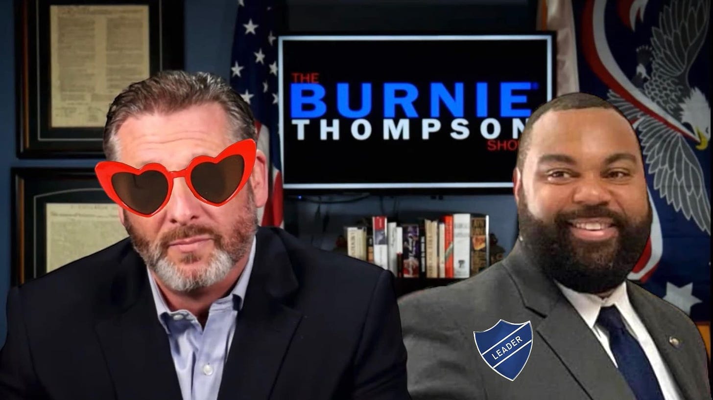 May be an image of 2 people, beard and text that says 'BURNIE THOMPSON LEADER'