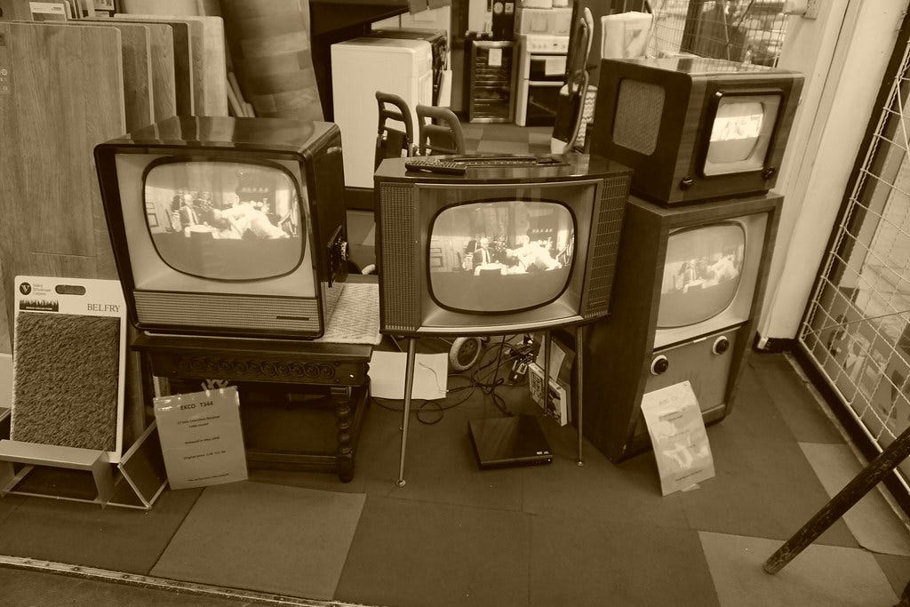 A lovely display of old television sets in an electrical store in Bromley.