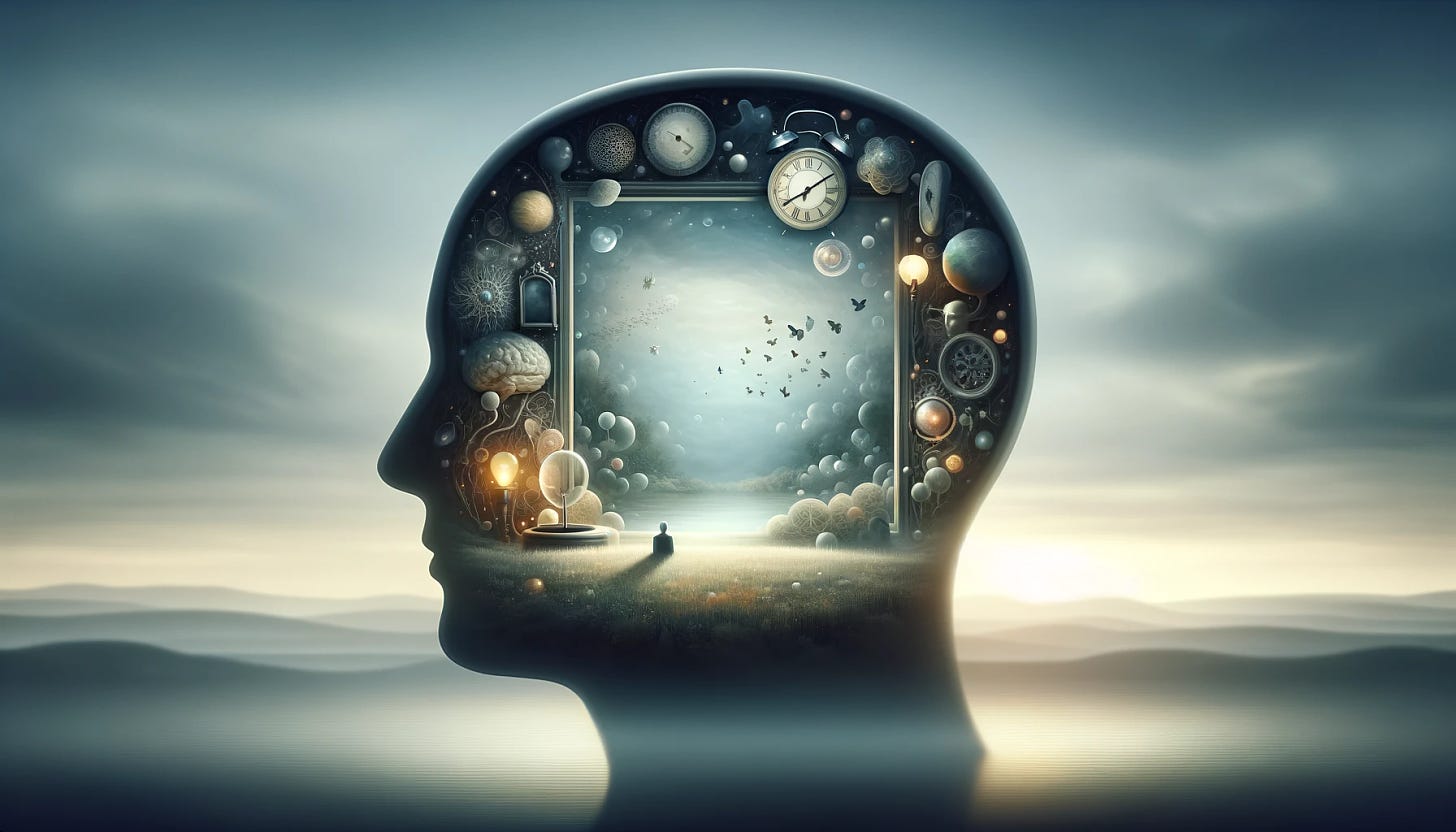 A surreal, horizontally oriented artwork that subtly explores the nature of reality and insanity, anchored by the silhouette of a human head. The background features a softly blurred landscape, hinting at a dreamlike world. Inside the silhouette, a detailed scene unfolds with miniature surreal elements like floating clocks, fragmented mirrors, and softly glowing orbs. The colors are muted, creating a sense of mystery and introspection. This portrayal aims to evoke a gentle yet profound questioning of one's perception of reality.