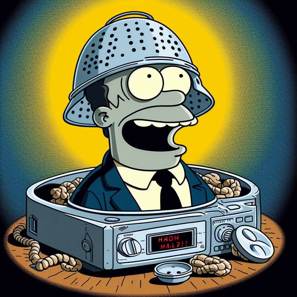 In the style of Simpsons  a helmet made from a colander attached to a vcr is worshipped