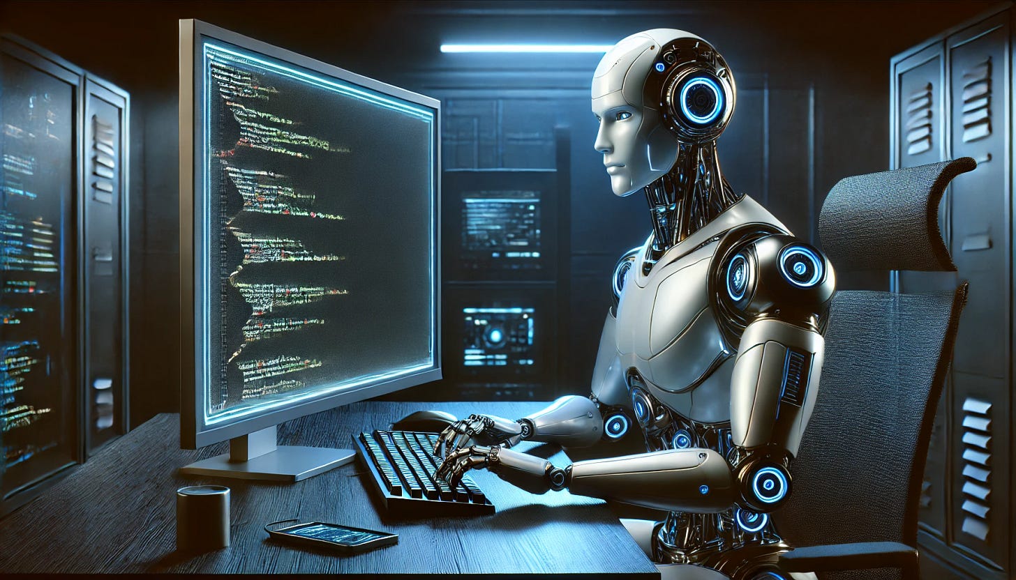 A humanoid robot sitting at a computer in a dark room, writing code. The robot has a sleek, futuristic design with metallic and glowing blue accents. The room is dimly lit, with the computer screen casting a soft glow on the robot's face. The background features faint outlines of futuristic equipment and shelves, giving the scene a cyberpunk vibe. The style is a blend between animated and realistic, with detailed textures on the robot and subtle lighting effects to enhance the atmosphere.