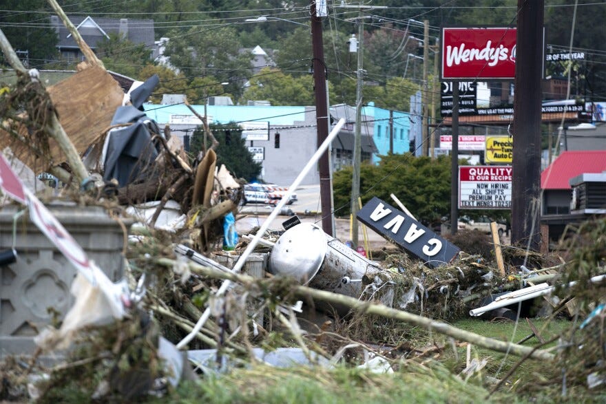 Storm damage near the Biltmore Village in the aftermath of Hurricane Helene on September 28, 2024 in Asheville, North Carolina. Hurricane Helene made landfall Thursday night in Florida's Big Bend with winds up to 140 mph.