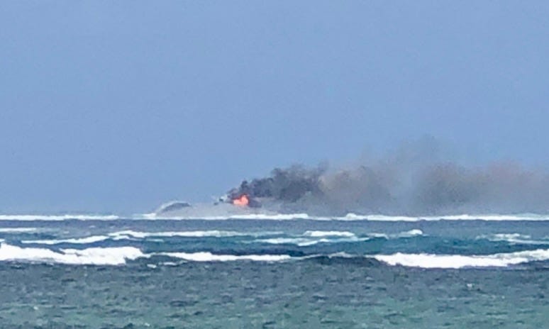 HMNZS Manawanui ablaze before sinking on 6 October 2024