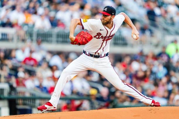 Chris Sale of the Atlanta Braves pitches in the first inning against the Milwaukee Brewers at Truist Park on August 7, 2024 in Atlanta, Georgia.