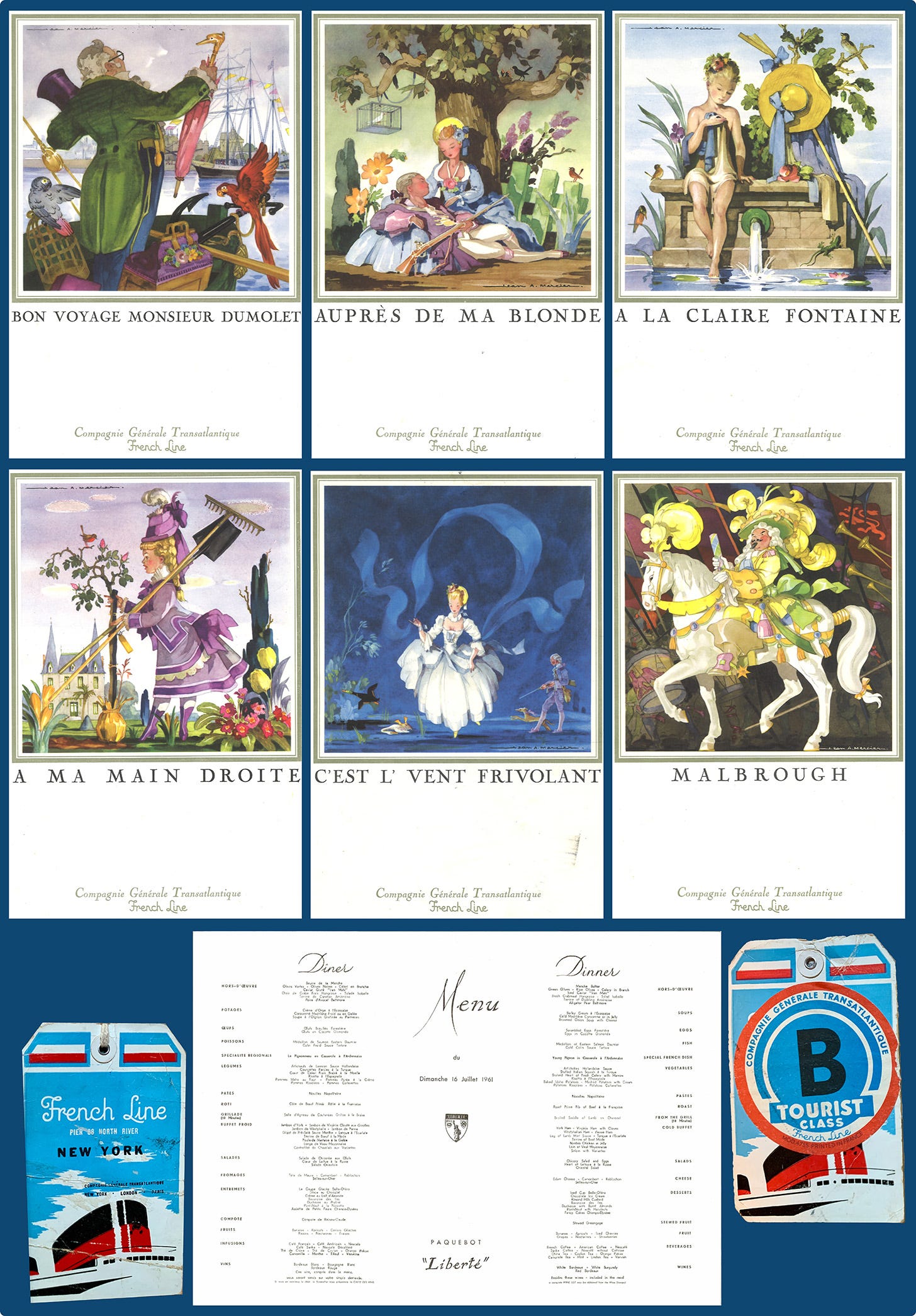 Image of six ocean liner menus and tickets