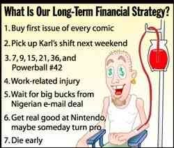 Image of "What Is Our Long-Term Financial Strategy?" with text answers and an image of a man donating blood.