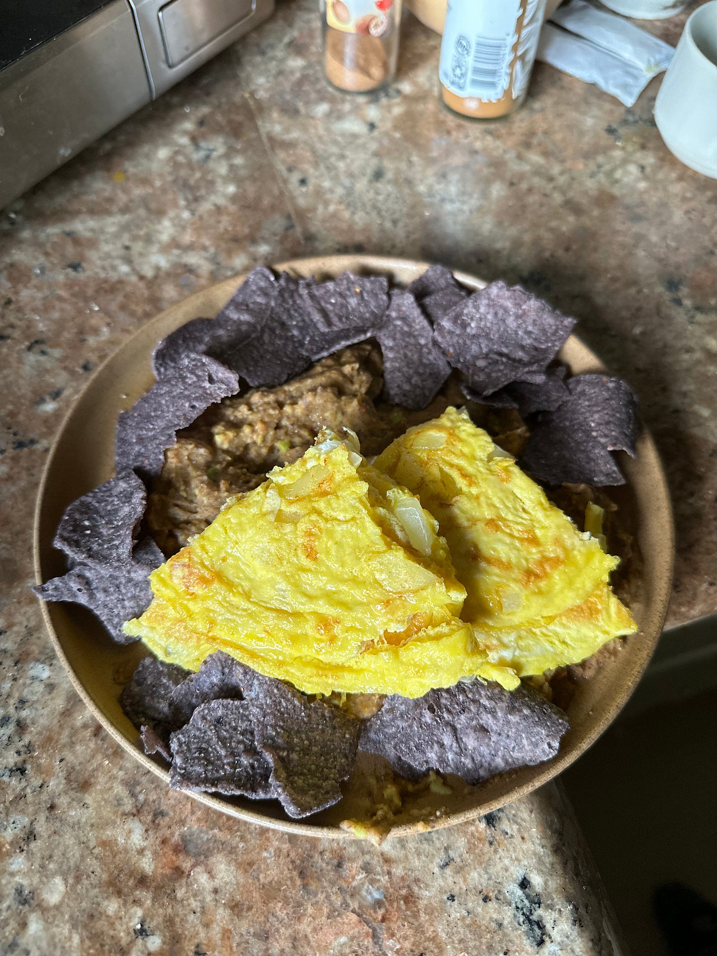 Three sister’s puree with eggs and blue corn tortilla chips.