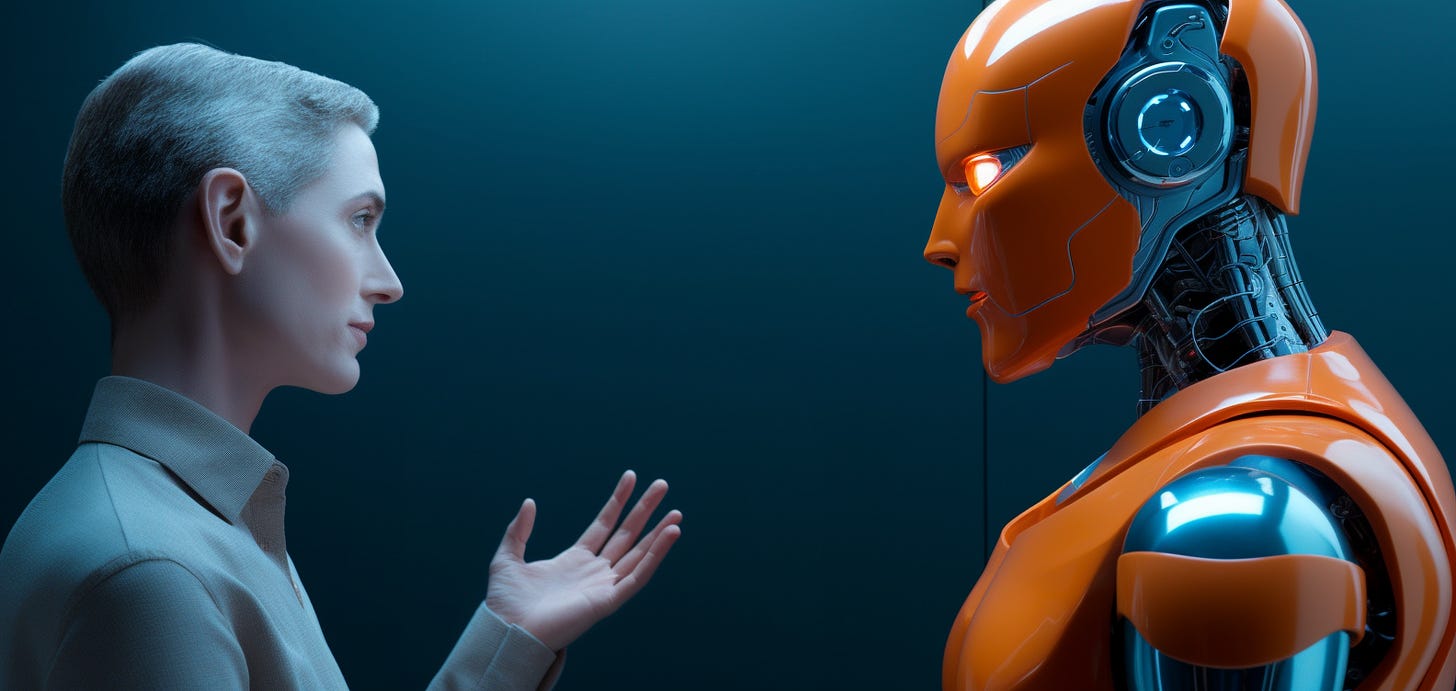 Midjourney prompt: photograph of an android having an animated conversation with a human, colors of Burnt Orange and Air Superiority Blue --no airplanes --ar 19:9 