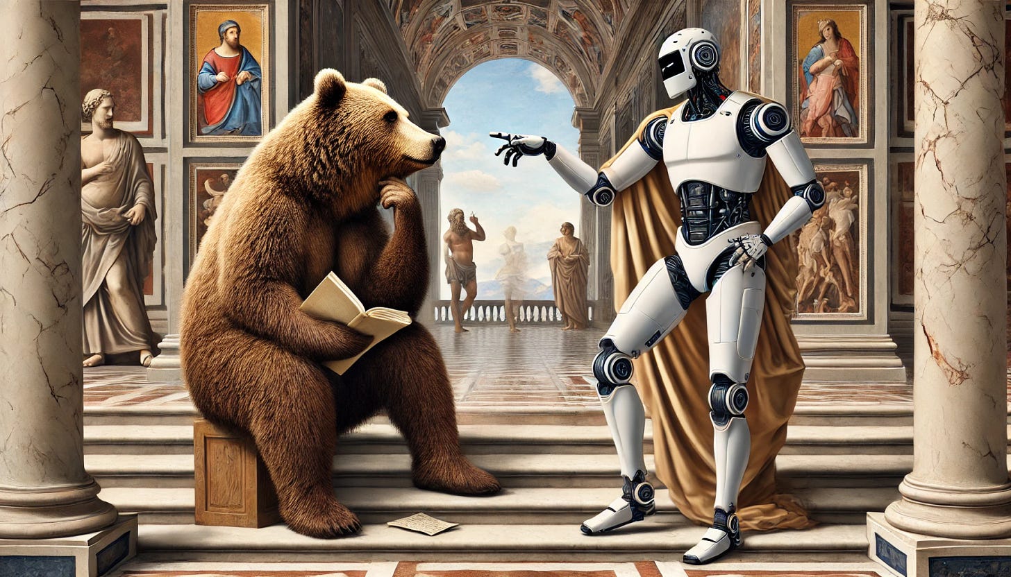 A bear and a robot engaged in a deep philosophical conversation in the style of Raphael. The scene features classical Renaissance elements, with the bear and robot standing or sitting in a grand hall with marble columns and arches. The bear has a thoughtful expression, perhaps holding a scroll or book, while the robot, sleek and futuristic, gestures animatedly. The background includes detailed frescoes and rich architectural details typical of Raphael's work. The overall atmosphere is serene and intellectual, blending the classical with the futuristic.