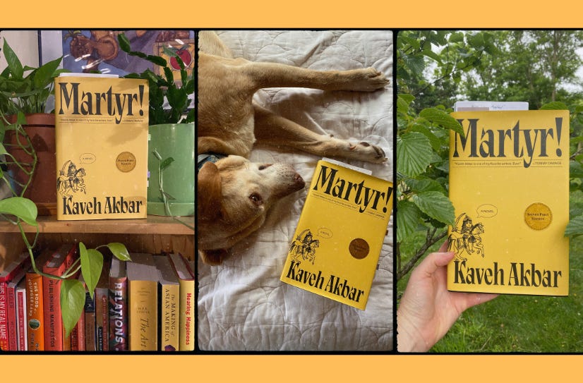 Three photos of Martyr! on three different backgrounds: on top of a bookshelf, on a bed next to my dog, held up in front of a leafy tree.