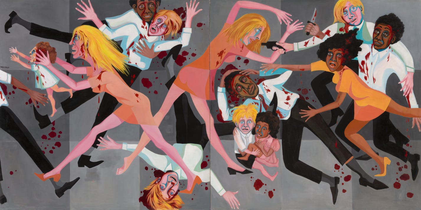 faith ringgold's painting where several women, men, and children are splayed across a gray canvas. the people look as if they are in distress, some are carrying guns and knives, and there are many blood spatters.