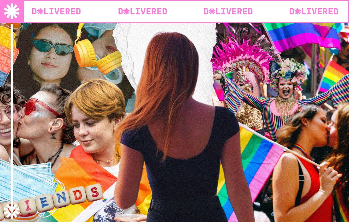 The back of a person with long red hair, among a collage of Pride imagery - including rainbow flags and people kissing.