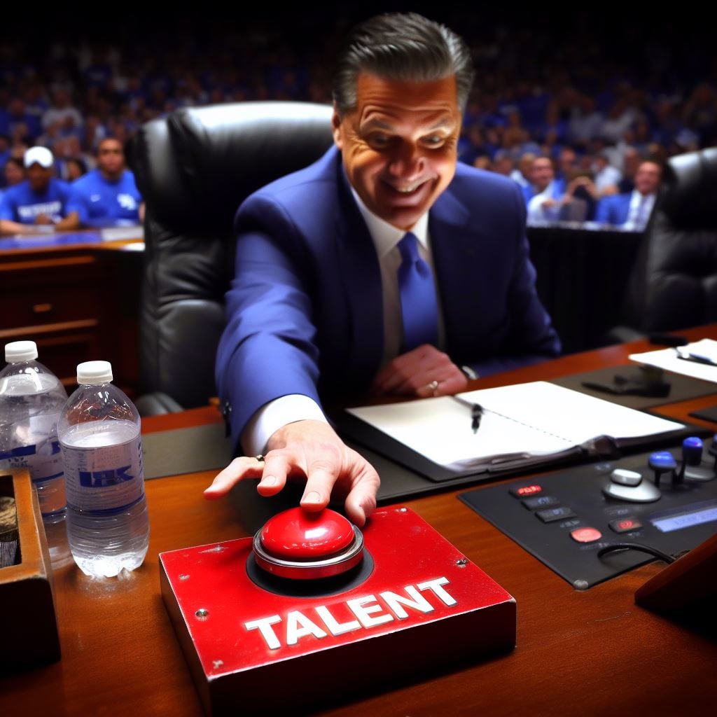 kentucky coach john calipari sitting at his desk pushing a bid red button with the word TALENT on the button