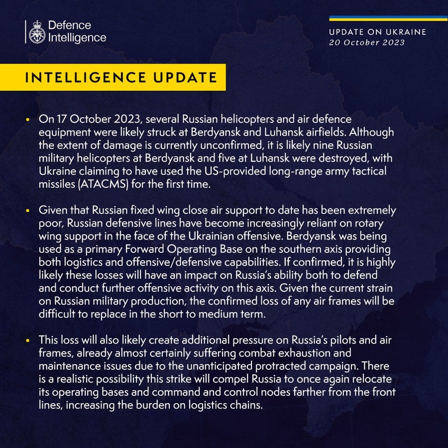 The latest Defence Intelligence update - 20 October 2023.
Please read thread for full image text. 