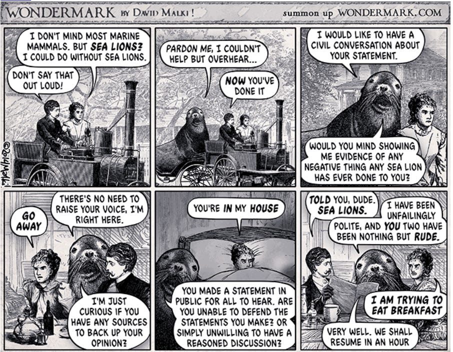 The original sealioning comic where a sealion appears, just to be a nuisance