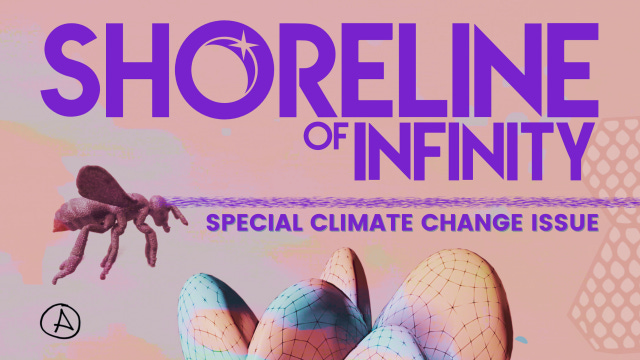 A pink background promo image featuring a bee and some blue and pink sci-fi-looking shapes, with purple text reading "SHORELINE OF INFINITY Special Climate Change Issue"