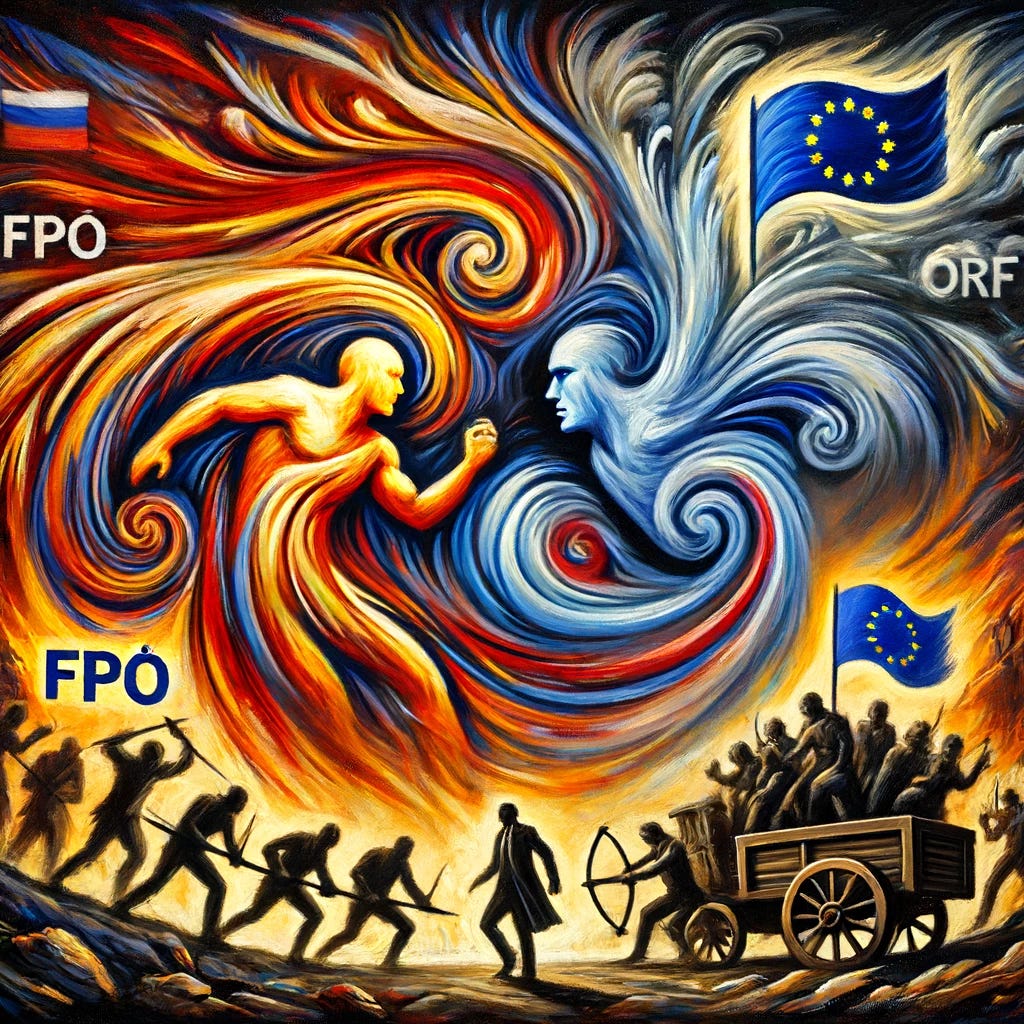 An abstract oil painting illustrating the intense political campaign of the FPÖ against the ORF during the EU elections. The painting features swirling brushstrokes and vibrant, contrasting colors to symbolize the heated and dynamic nature of the campaign. In the foreground, a figure representing the FPÖ is shown in an aggressive stance, while symbolic elements of the ORF are depicted in a defensive position. The background includes a dramatic sky, indicating the charged atmosphere and the theme of conflict. The overall feel is intense and emotionally charged, reflecting the confrontation and its impact.