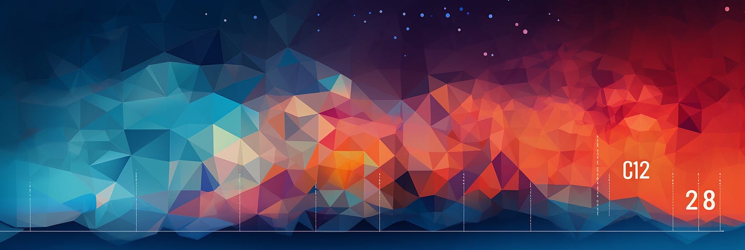 A colorful, low-poly abstract background transitioning from blue to red hues, with scattered numbers and text.