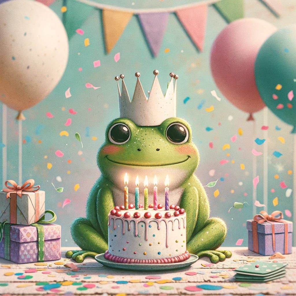 Image is a cartoon frog in a paper crown with a birthday cake with five candles