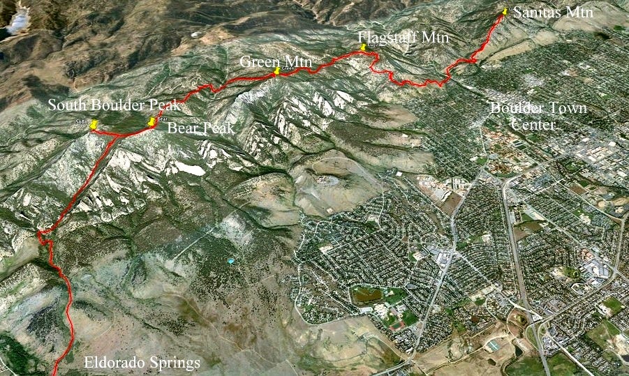 Route for Boulder Skyline Traverse Sanitas, Flagstaff, Green, Bear, South Boulder, 16 mi, Sept 7, 2016