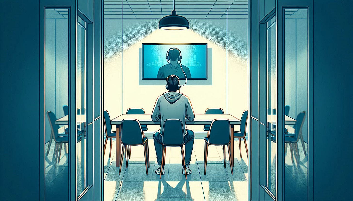 a 25 year old man sitting on a table in a breakout room with TV on the wall. The man is facing the TV, listening to music and studying. The scene is set from afar, and the breakout room has glass doors on 3 sides. The room has 4 more chairs, but he is alone.