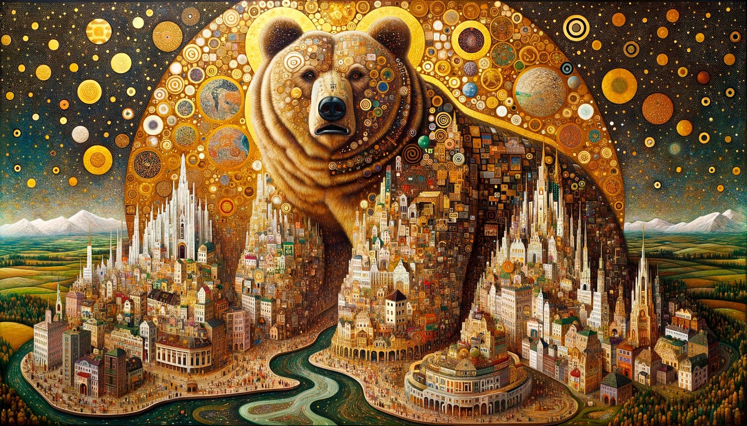 Panoramic oil painting, reminiscent of Klimt's intricate designs and golden touches, depicts a bear of monumental scale with a city built upon its vast form. Streets wind around its curves, buildings nestle between its fur, and people of different descents live, work, and play, all under the protective gaze of the bear, surrounded by symbolic motifs and shimmering patterns.