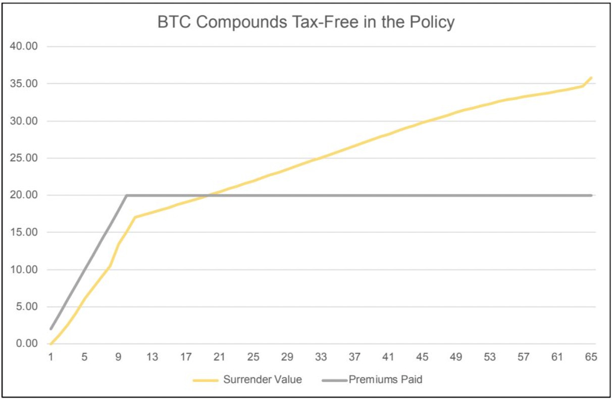 ビットコインがユーザーのポリシー内で時間の経過とともにどのように複利効果を発揮するかを示すチャート