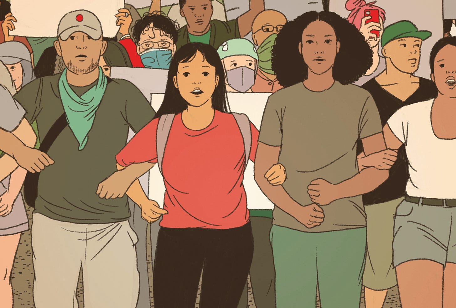 The illustration shows an Asian American couple standing in front of their grocery store. 