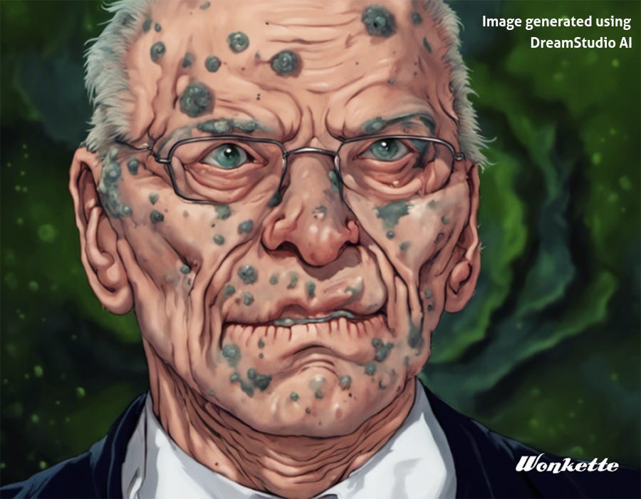 An AI-generated transformation of a photo of Rupert Murdoch, depicting him with pale green lizardlike eyes, his face covered with gray-green pustules and warts, a thin line of slimy spittle between his lips. Computers are so advanced these days! 