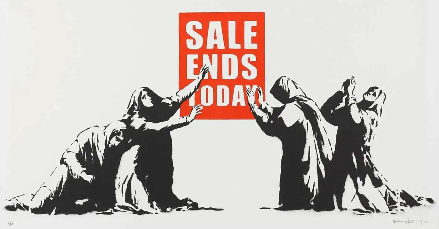 A group of hooded mourners in style of the lamenters of Jesus's crucifixion, weeping under a red SALE ENDS TODAY sign