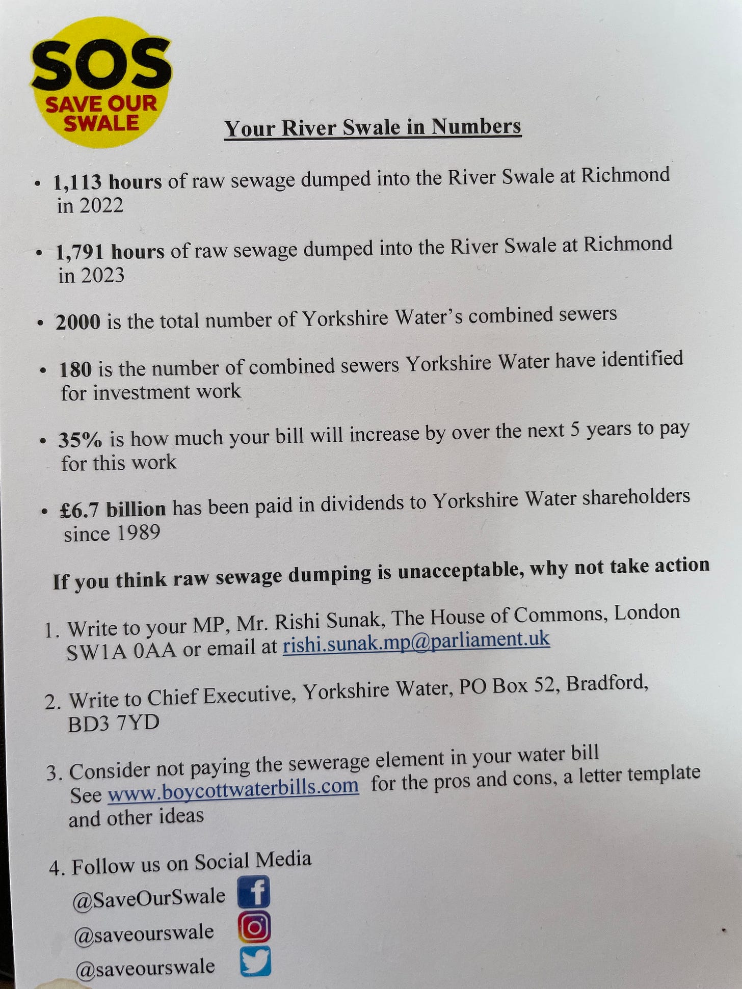 the text of a campaign leaflet with numbers relating to sewage pollution
