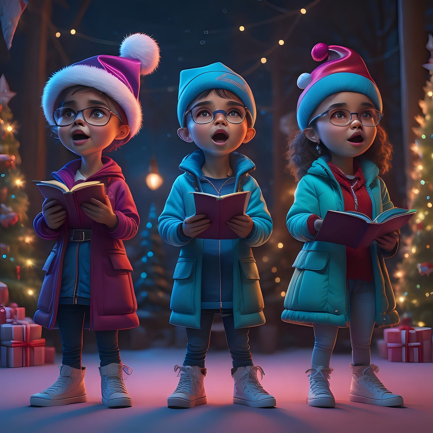 Color image of three animation children singing Christmas carols at night