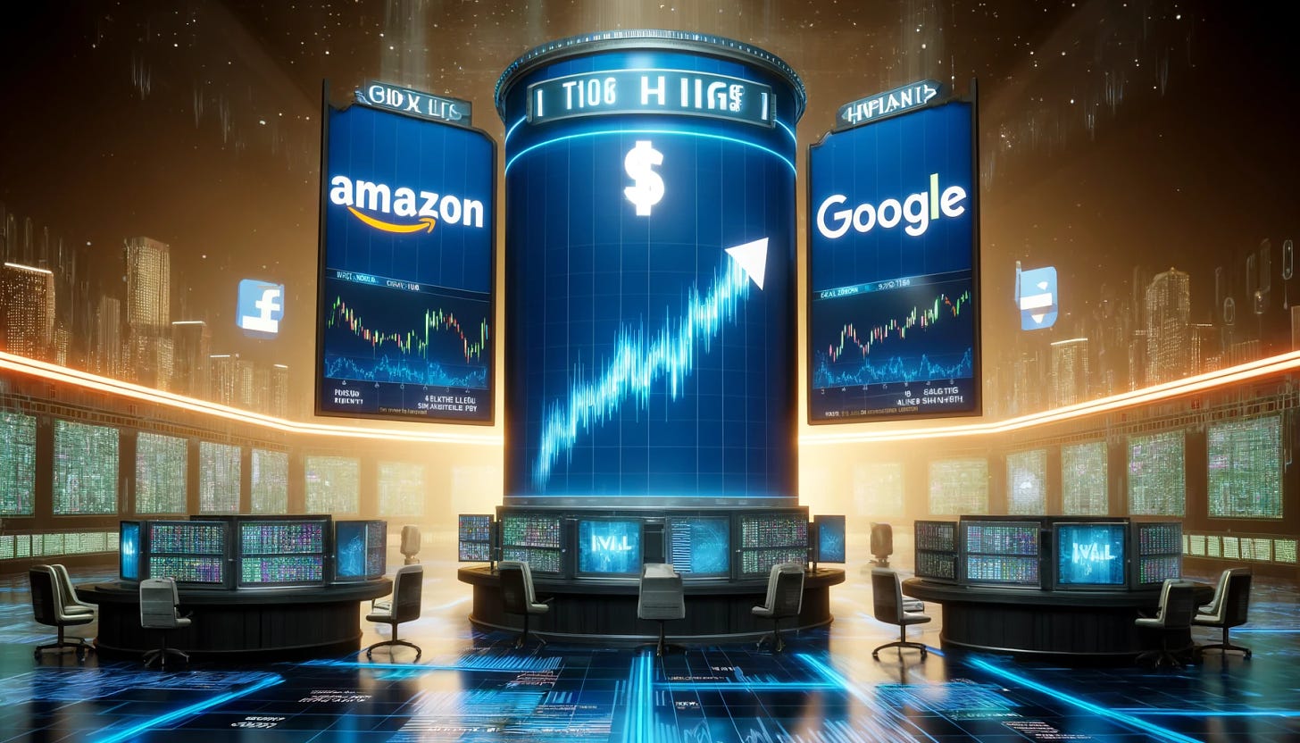A conceptual financial stock market display showing the stock prices of Amazon, Google, and Marriott reaching all-time highs. The display includes digital stock tickers and graphs, each labeled with the respective company's logo and their new high stock prices. The backdrop is a modern trading floor with multiple screens showing real-time data and traders analyzing the information. The overall atmosphere is vibrant and technologically advanced, reflecting the excitement of reaching new financial milestones.