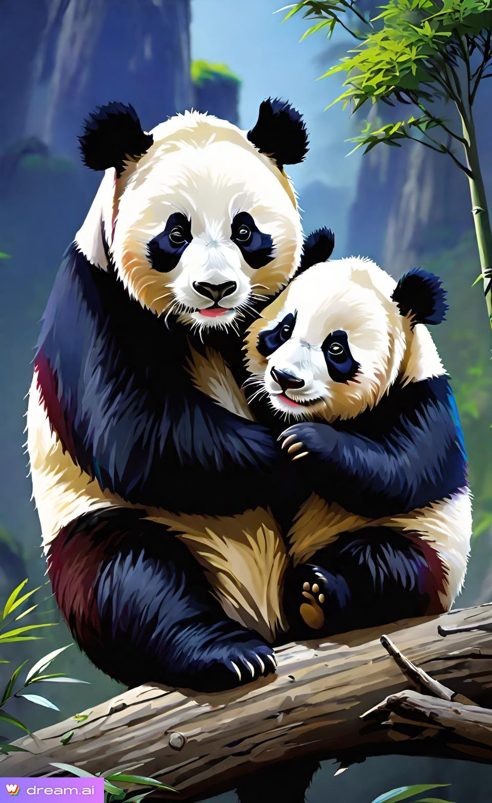 A.I. image of two pandas, one large and one small