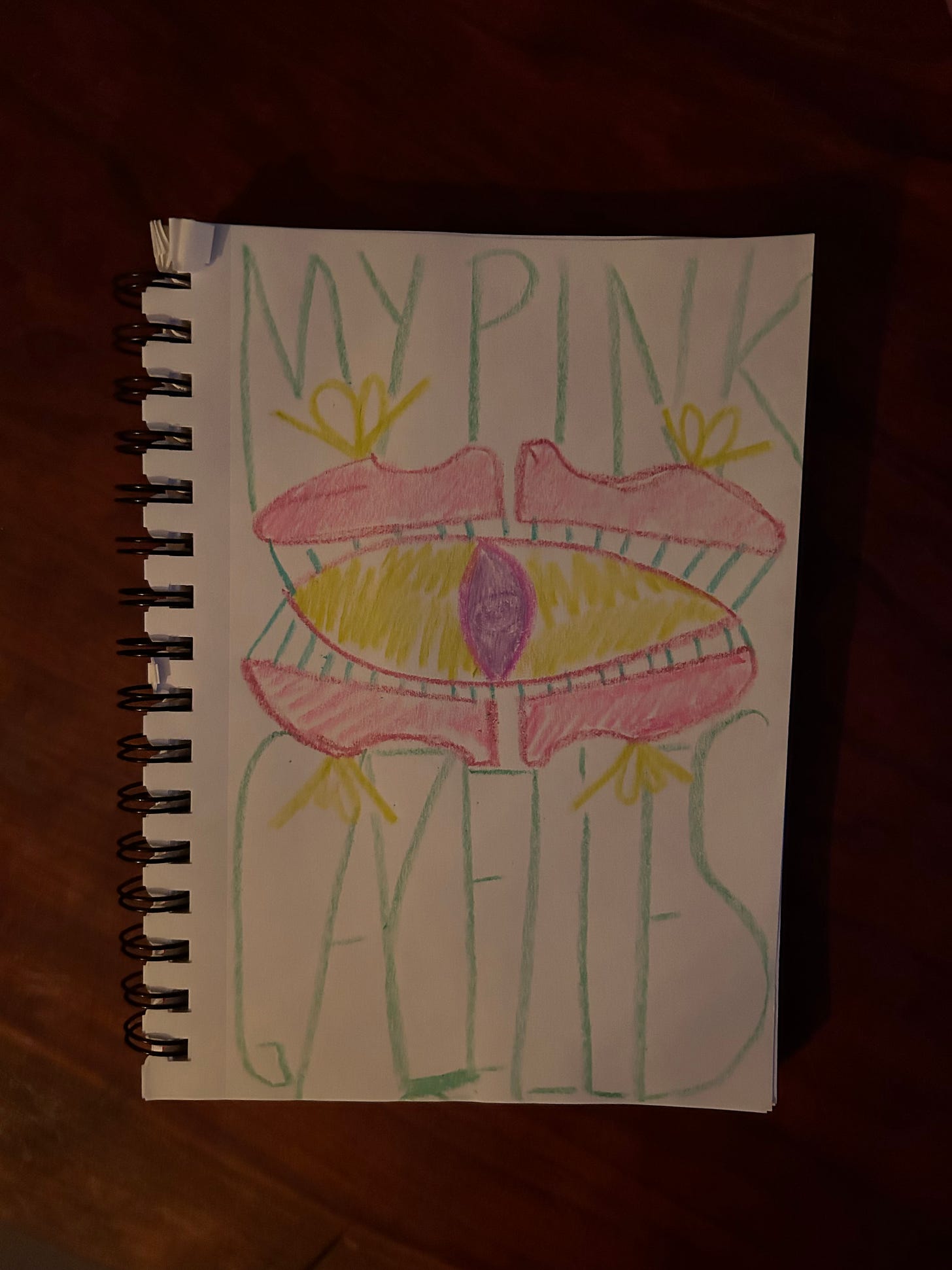 The picture shows a sketchbook with a crayon drawing, featuring a centered eyeball surrounded by pink shoes and the words "MY PINK GAZELLES"