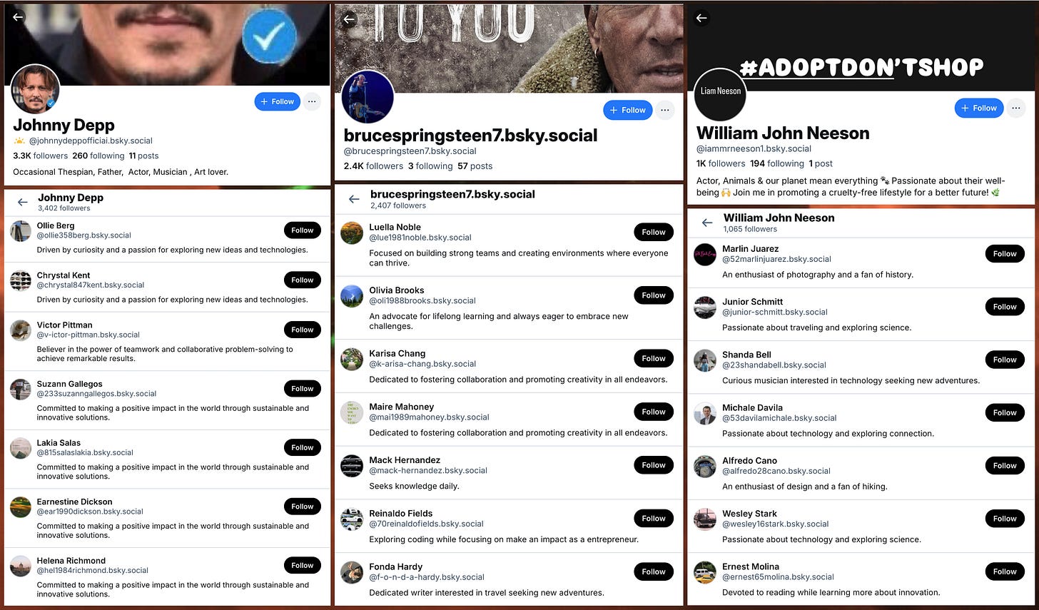 profile screens and recent followers of three Bluesky accounts, johnnydeppofficiai.bsky.social, @brucespringsteen7.bsky.social, and @iammrneeson1.bsky.social