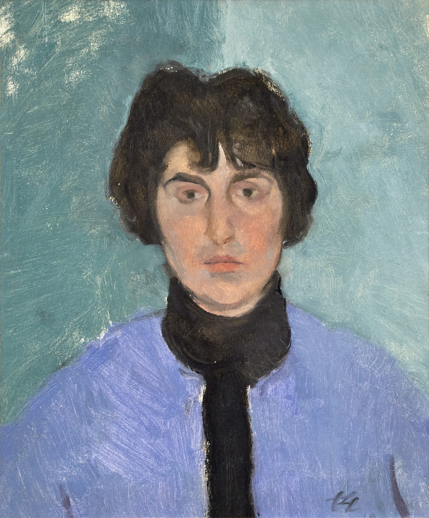 A forward-facing portrait featuring the head and shoulders of a woman with short dark hair, wearing a high black turtleneck. Her gaze is direct, and her expression is dead-pan. A forward-facing portrait featuring the head and shoulders of a woman with short dark hair, wearing a high black turtleneck. Her gaze is direct, and her expression is dead-pan.