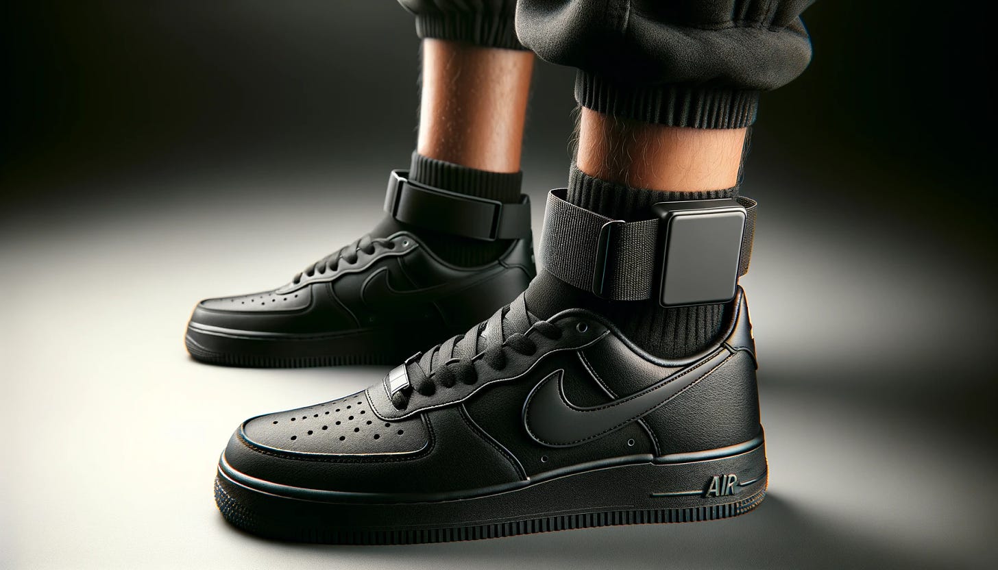 Craft an image that showcases a simplistic design of an ankle monitor, represented as a featureless black box with a basic nylon strap, on a foot wearing a black Nike Air Force 1 sneaker. The other foot, also adorned with a matching sneaker, should be visible in the background, subtly positioned to complement the scene without overshadowing the primary focus on the ankle monitor. This monitor should be devoid of any screens or digital displays, emphasizing its minimalistic design. The scene's background should be blurred to highlight the simplicity of the monitor and the sneakers' details. Ensure that the lighting accentuates the matte finish of the monitor and the nylon strap's texture, in contrast to the sneakers' glossy appearance. The composition should be in a 16:9 aspect ratio, capturing both feet in an aesthetically pleasing yet focused manner.