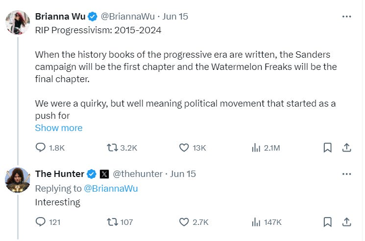 Elon Musk on twitter responding to Brianna Wu with "interesting", but Musk has been replaced with The Hunter to illustrate vapidity.