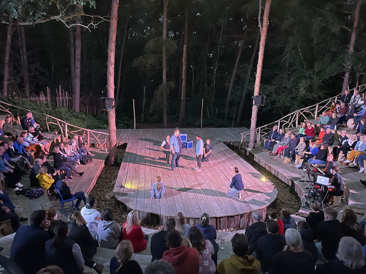 A circular wooden stage in a forest with performers on it mid show. An audience are seated watching